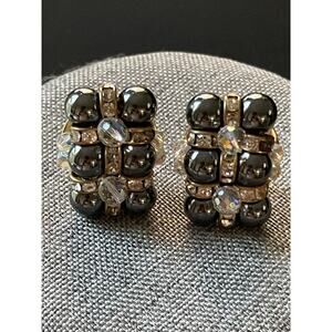 Vintage Hematite Crystal Clip Earrings Retro 80’s Y2K Cocktail Eveningwear